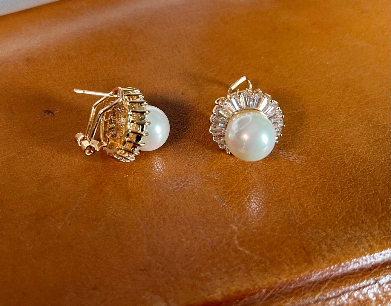 SHAPELY LADY - Good size round  Champagne Gold Fashion Cubic Zirconia and pearl earring