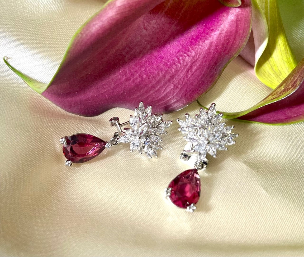 CRIMSON GLORY - White Gold Plated Waterdrop Pendant Earring with crimson cubic zirconia