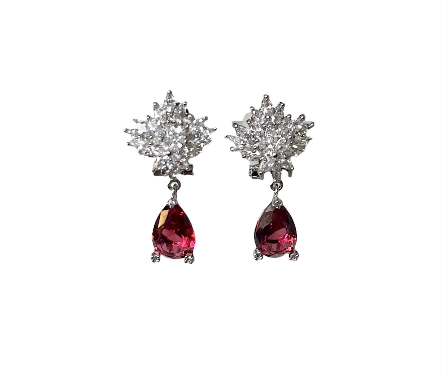 CRIMSON GLORY - White Gold Plated Waterdrop Pendant Earring with crimson cubic zirconia