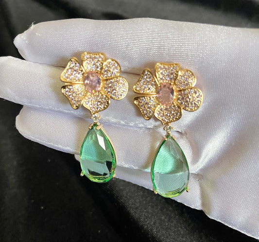 BLOSSOMING LIME - Beautiful Pink Cubic Zirconia Dangle Big Flower Party Earrings