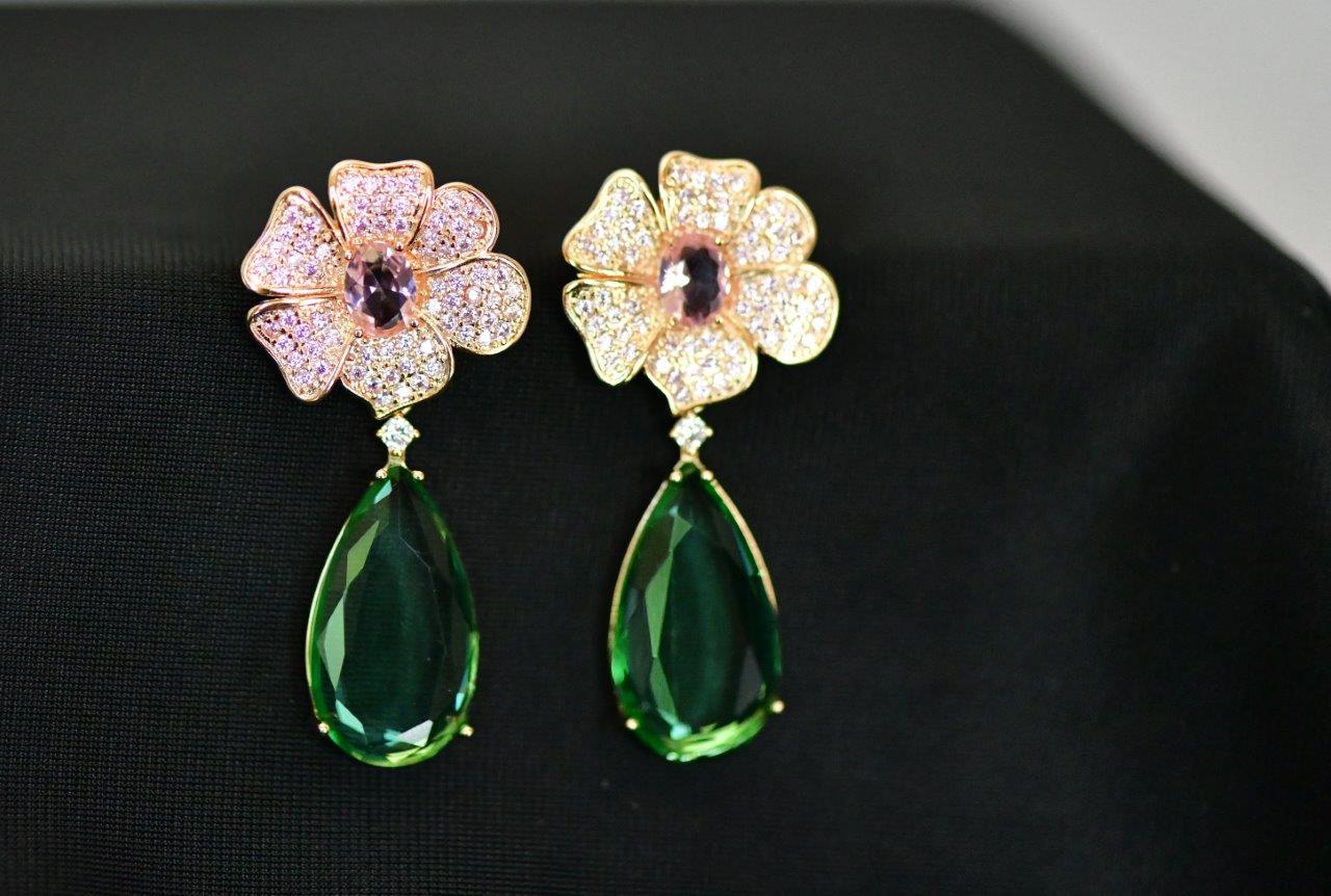 BLOSSOMING LIME - Beautiful Pink Cubic Zirconia Dangle Big Flower Party Earrings