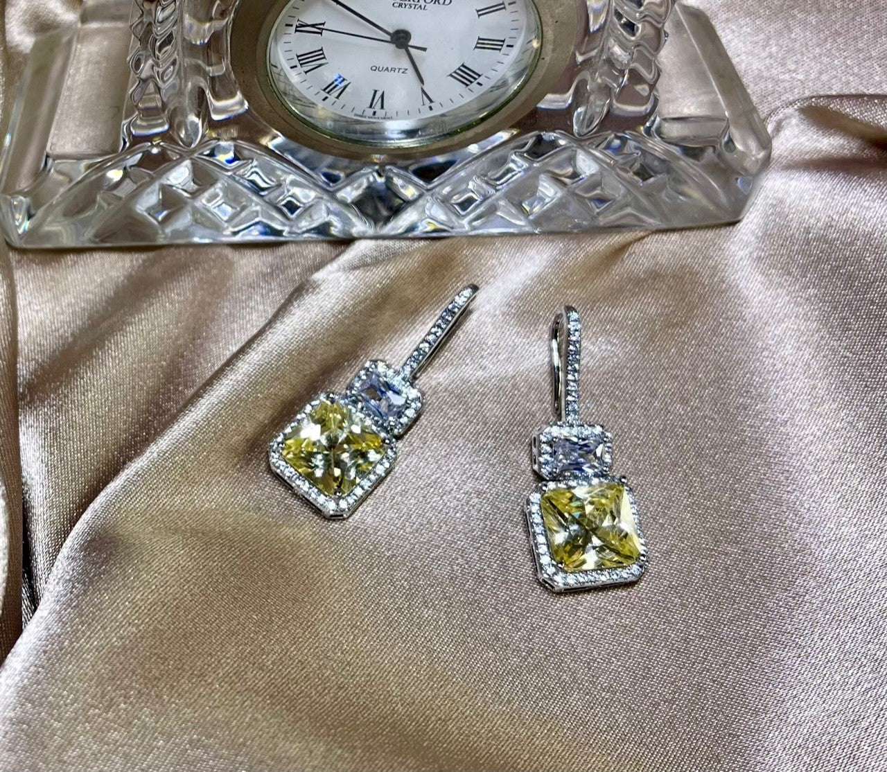 FIERY SENSATION - Fashionable Yellow Topaz Cubic Zirconia Square Hook Earrings