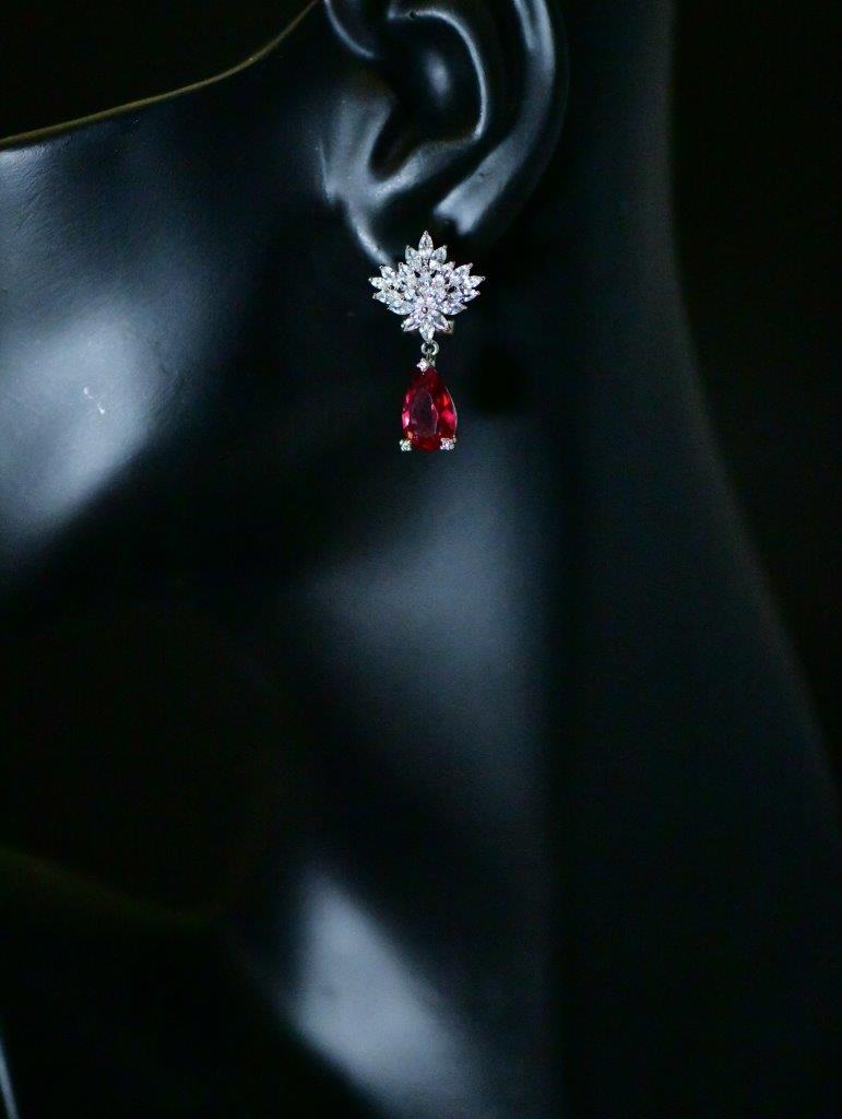 CRIMSON GLORY - White Gold Plated Waterdrop Pendant Earring with crimson cubic zirconia