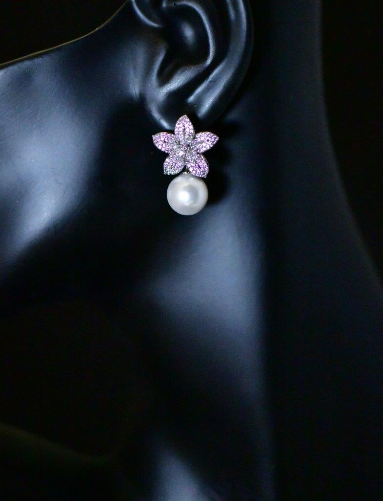 DOUBLE DELIGHT - Delightful Gold Plated Dangle Drop Pearl Earrings with Cubic Zirconia Flower