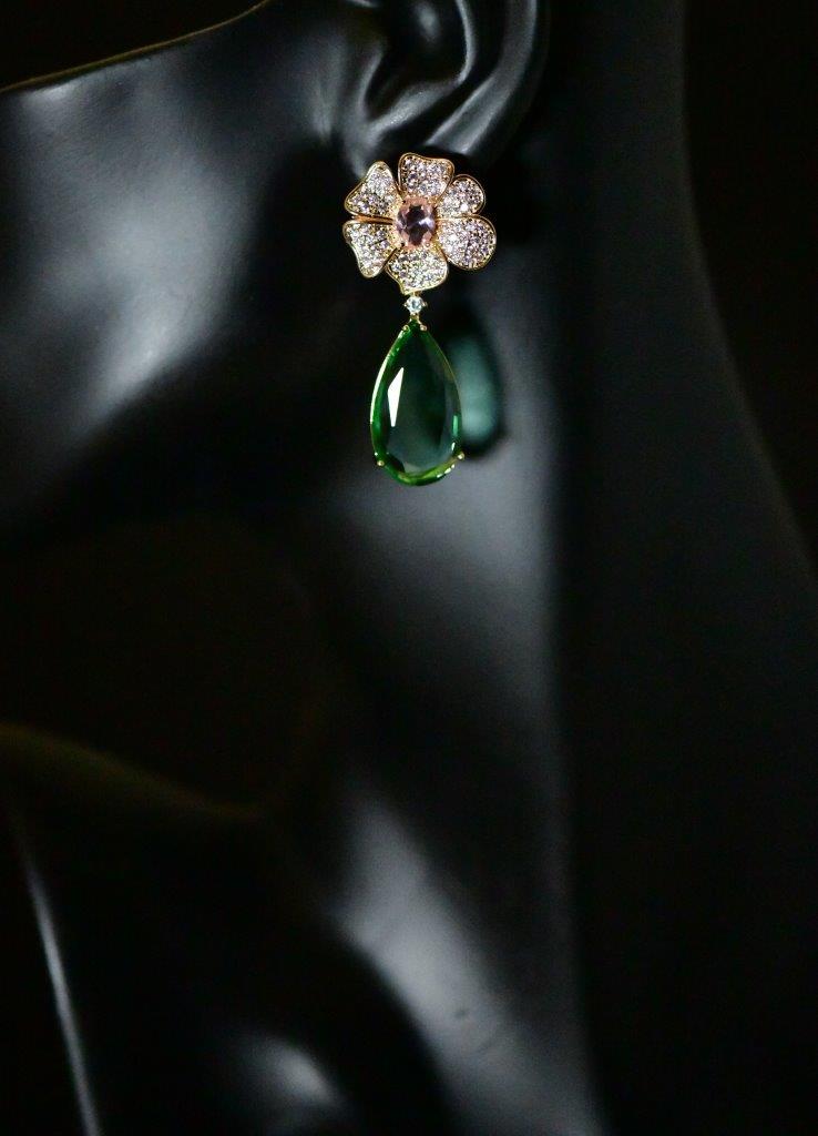 BLOSSOMING LIME - Beautiful Pink Cubic Zirconia Dangle Big Flower Party Earrings