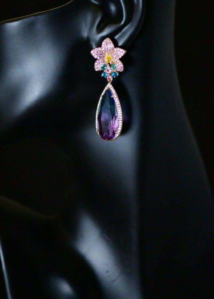 LILAC BEAUTY - Beautiful Pink Cubic Zirconia Flower with a Rainbow Topaz Crystal luxury earrings