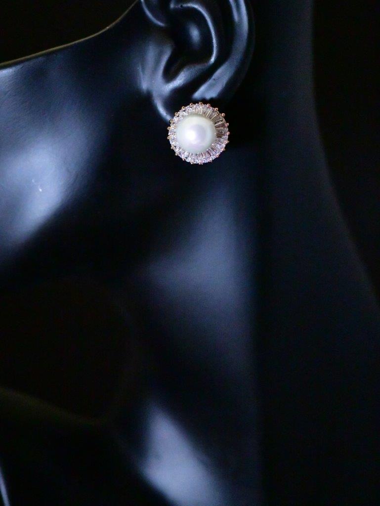 SHAPELY LADY - Good size round  Champagne Gold Fashion Cubic Zirconia and pearl earring