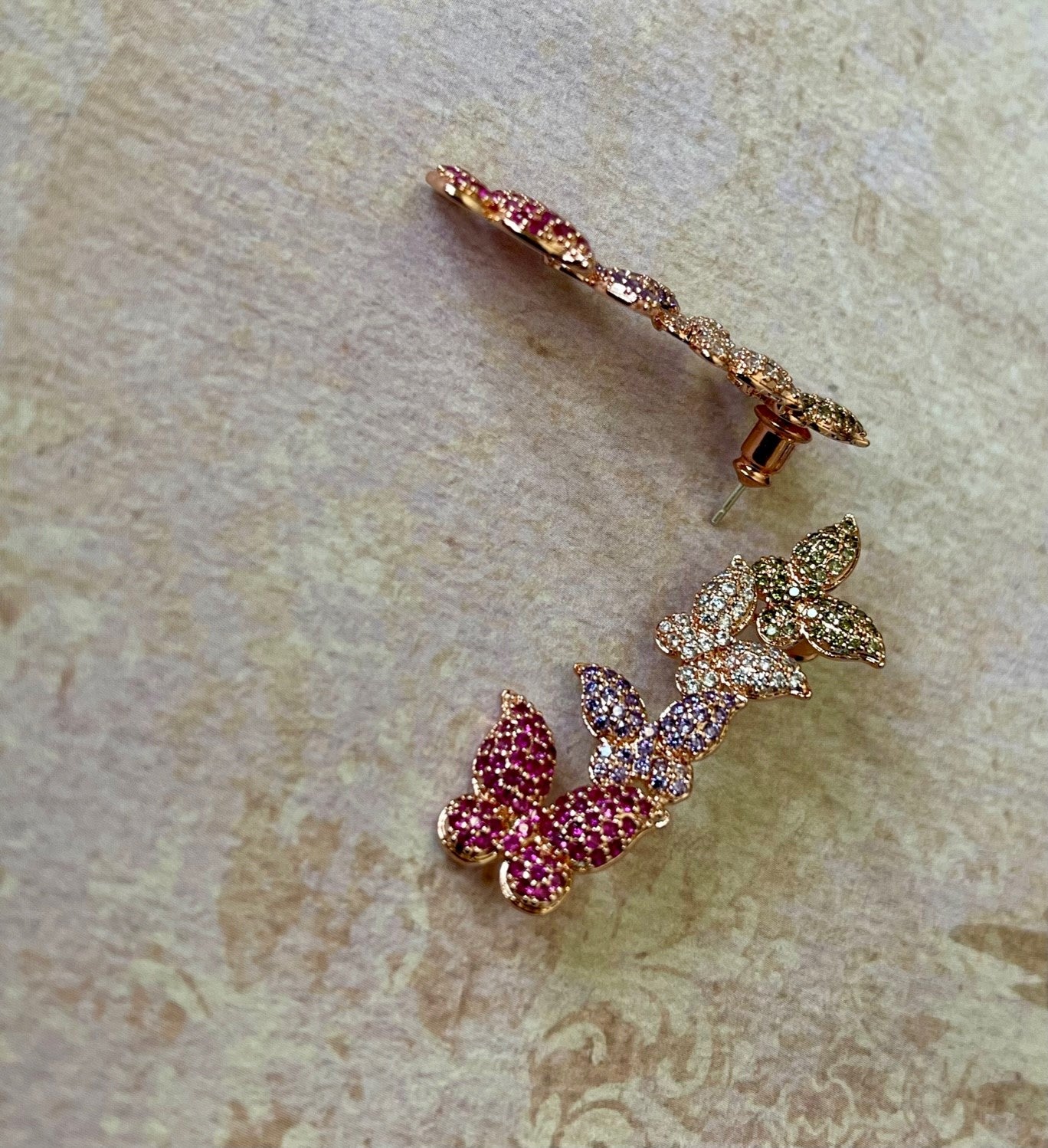 BUTTERFLY KISSES - Beautiful Micro Paved Cubic Zirconia Danglin Purple Red Butterfly Earrings