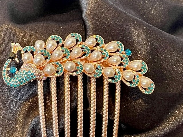 Hair comb bling and pearl peacock