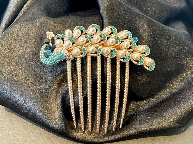 Hair comb bling and pearl peacock