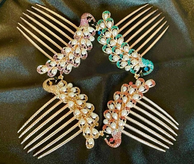 Hair comb bling and pearl peacock