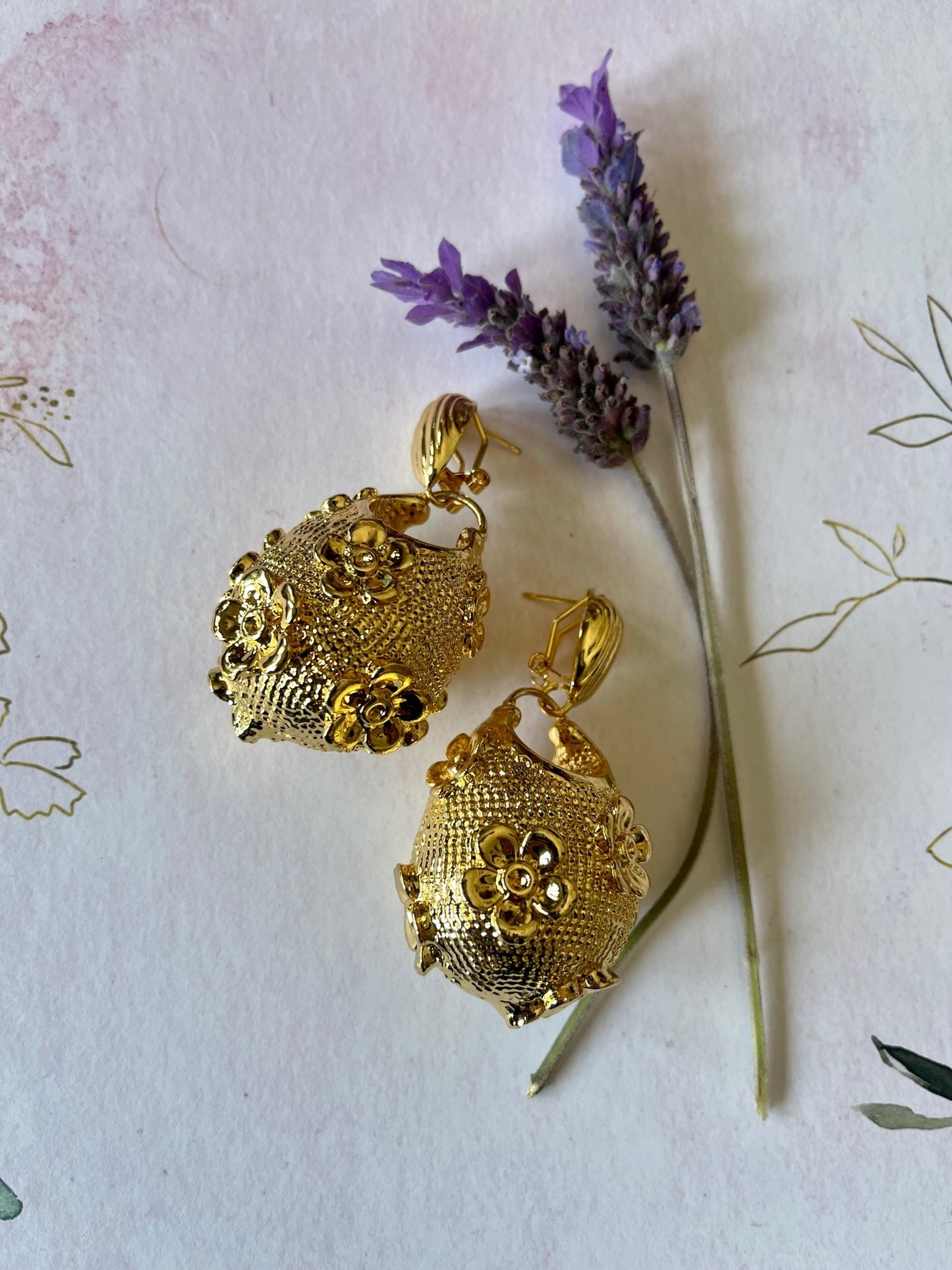 GOLD ROSE BASKET - 24k gold plated pendant clip earrings