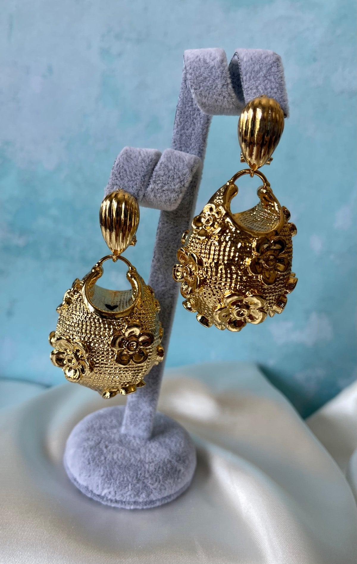 GOLD ROSE BASKET - 24k gold plated pendant clip earrings