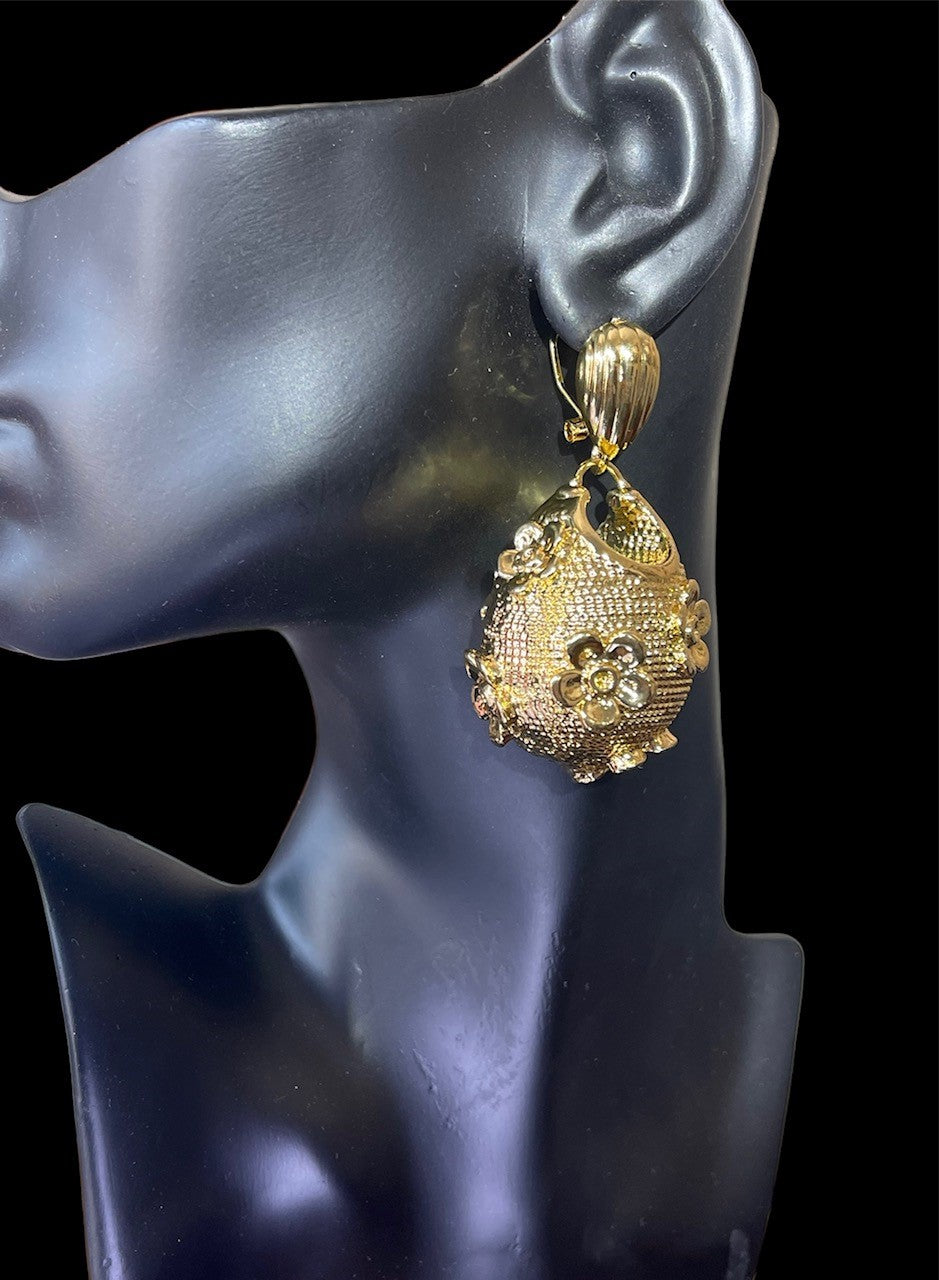 GOLD ROSE BASKET - 24k gold plated pendant clip earrings