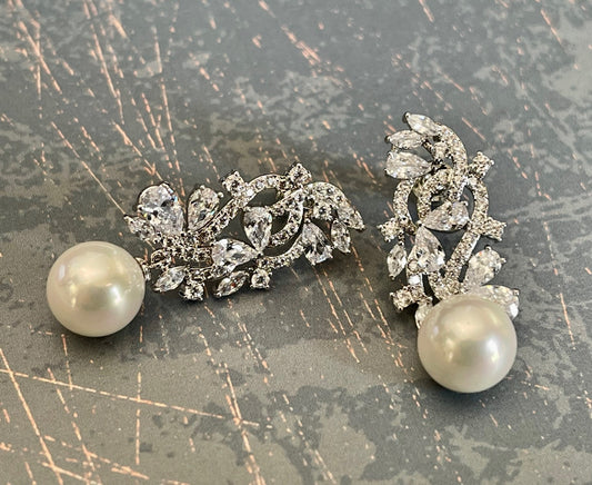 SNOW QUEEN - Unique Designed and Noble  Pearl and Cubic Zirconia earring