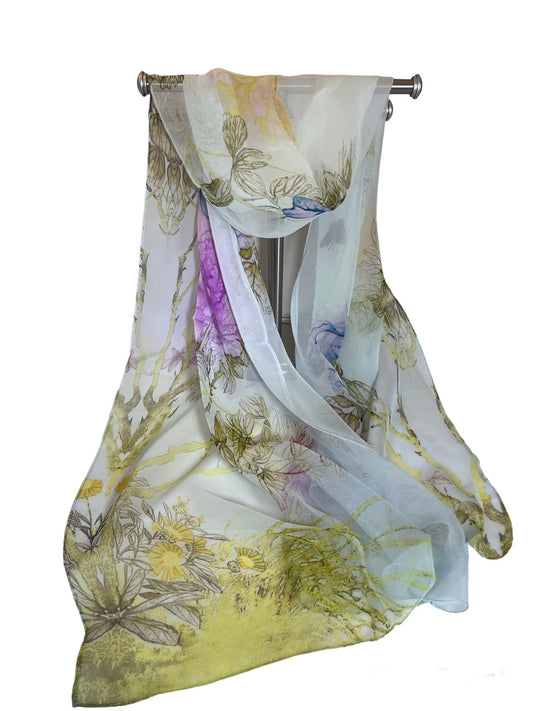 LONG CHIFFON fashion scarves in soft pastel colours with beautiful patterns