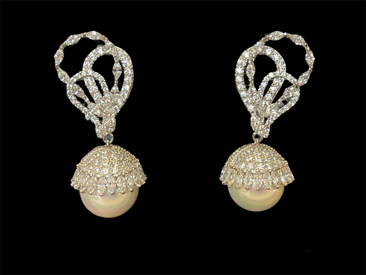 JADE'S JOY - Gorgeous Chandelier style fashion earrings with zirconias and pearl in silver