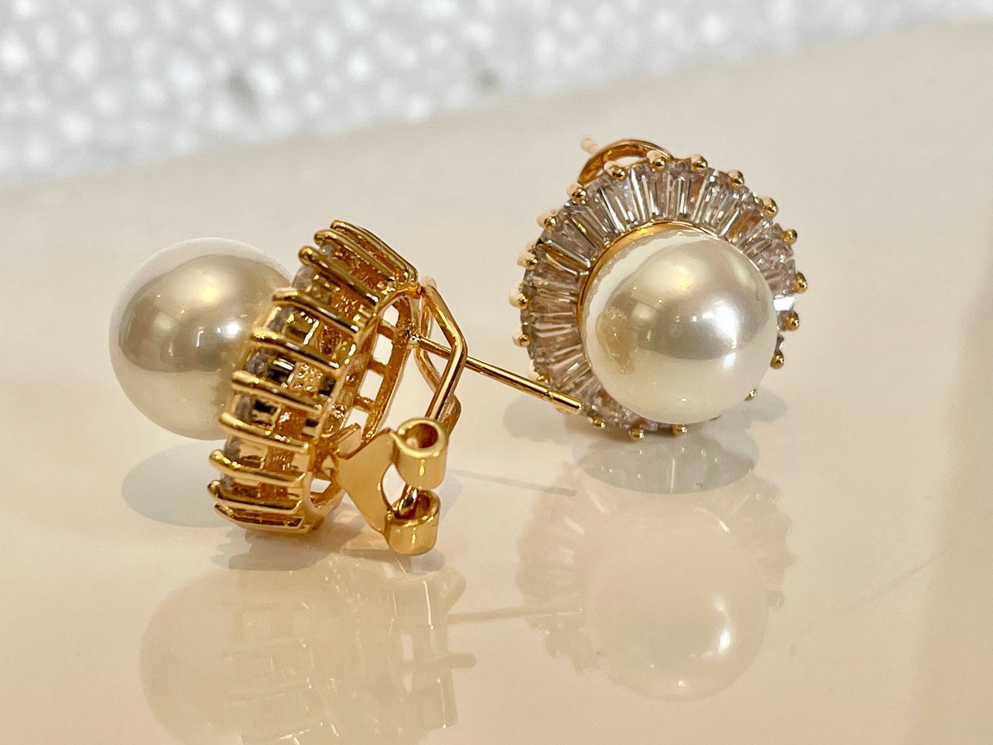 SHAPELY LADY - Good size round  Champagne Gold Fashion Cubic Zirconia and pearl earring