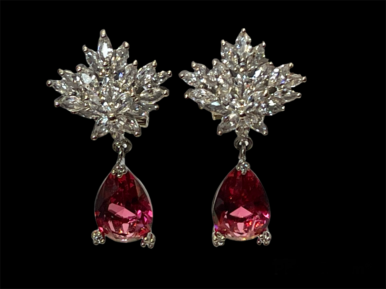 CRIMSON GLORY - White Gold Plated Waterdrop Pendant Earring with crimson cubic zirconia