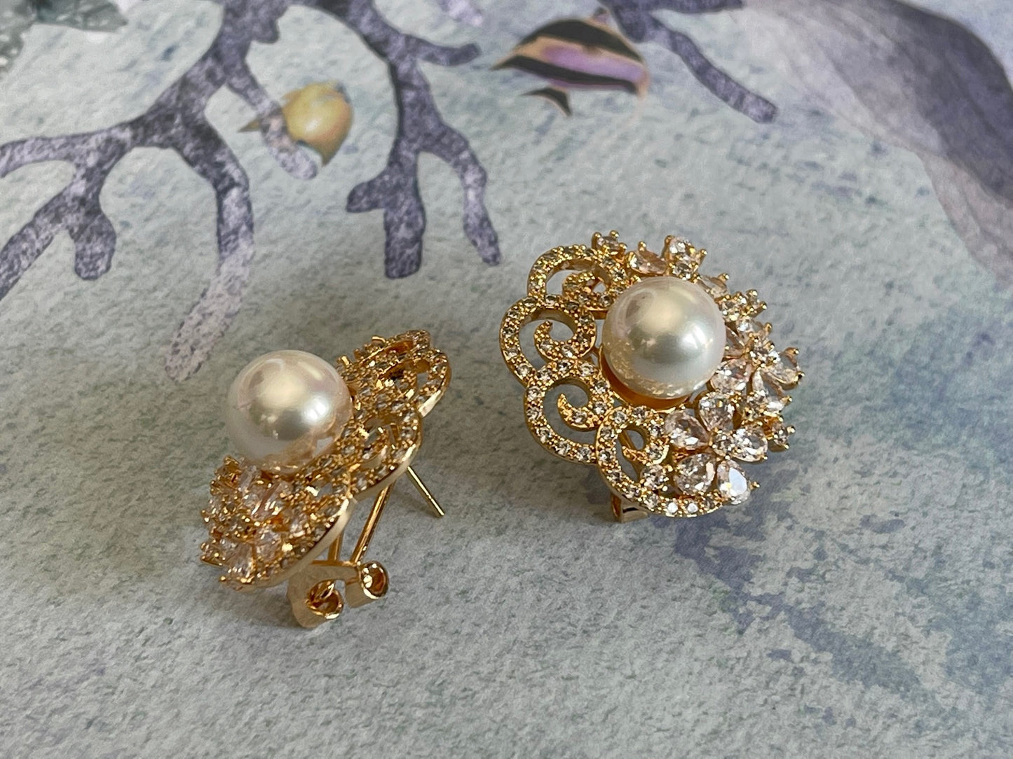 ADDICTIVE ALLURE - Top Quality Champagne Gold Plated with pearl and Zircon earrings